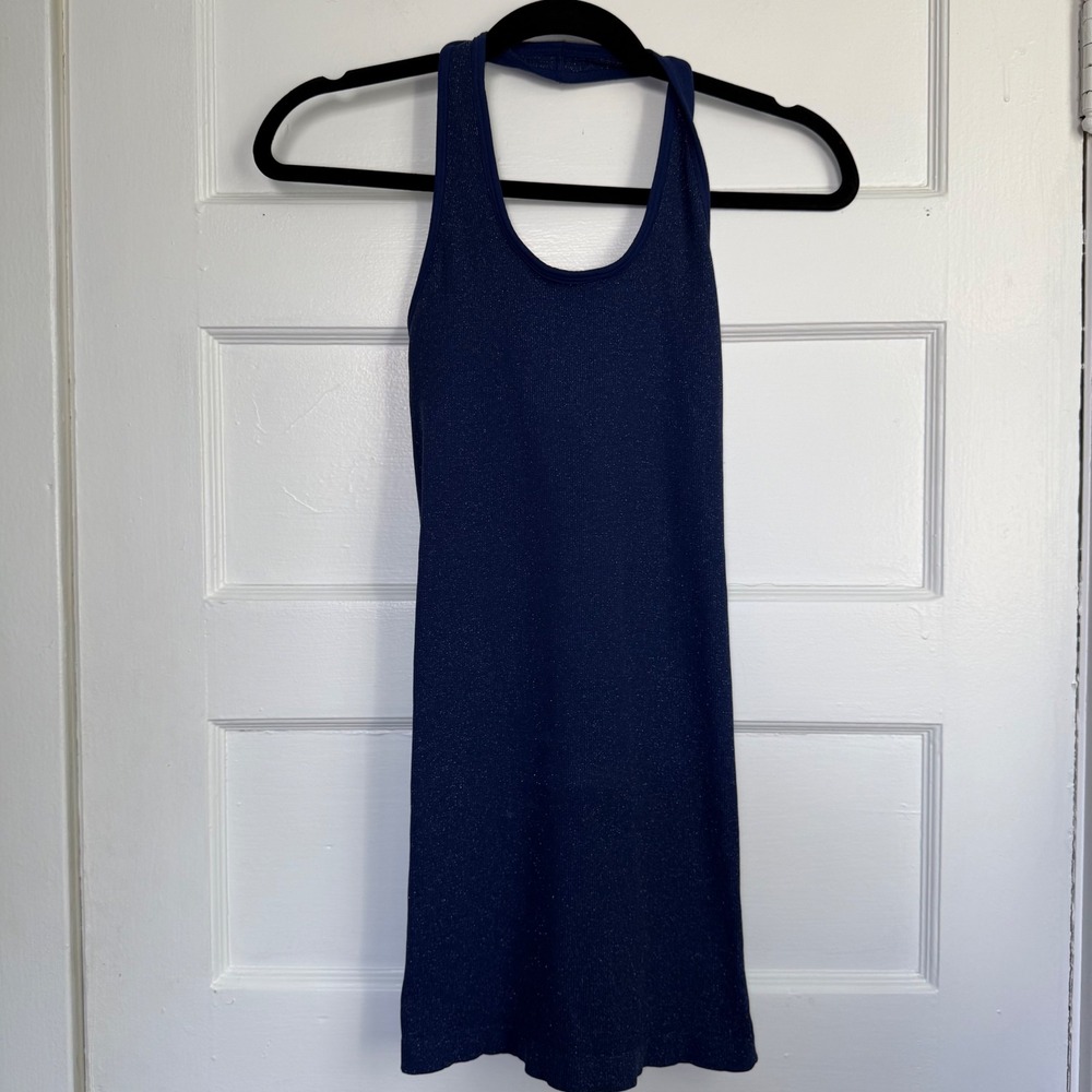 NUX Metallic Cobalt Blue Halter Neck Seamless Ribbed Shimmer Active Top Small
